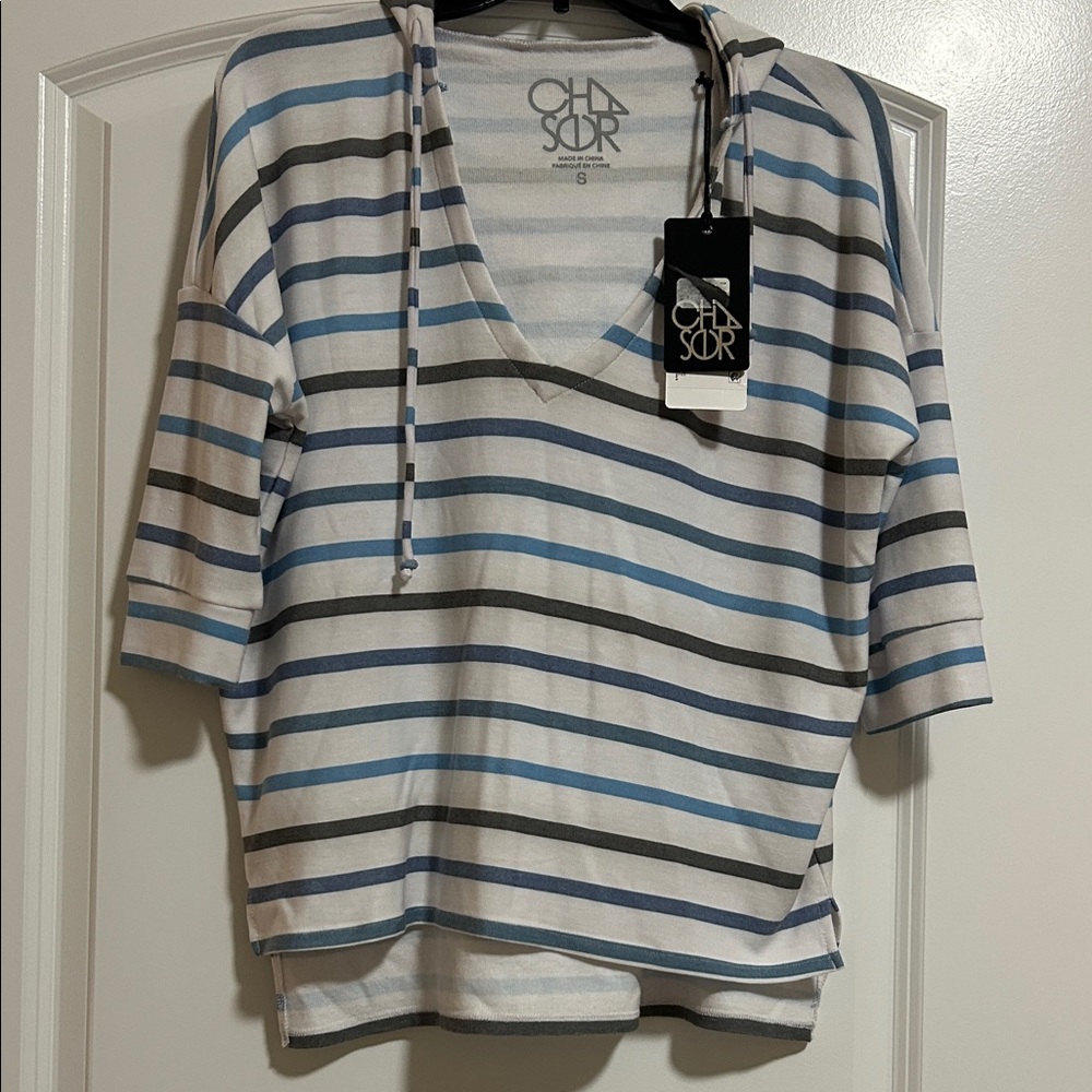 Chaser Women's Blue and Gray Striped Hoodie